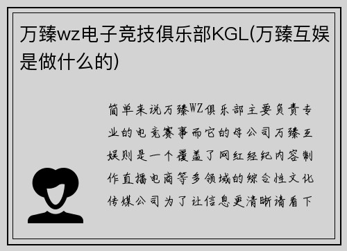 万臻wz电子竞技俱乐部KGL(万臻互娱是做什么的)